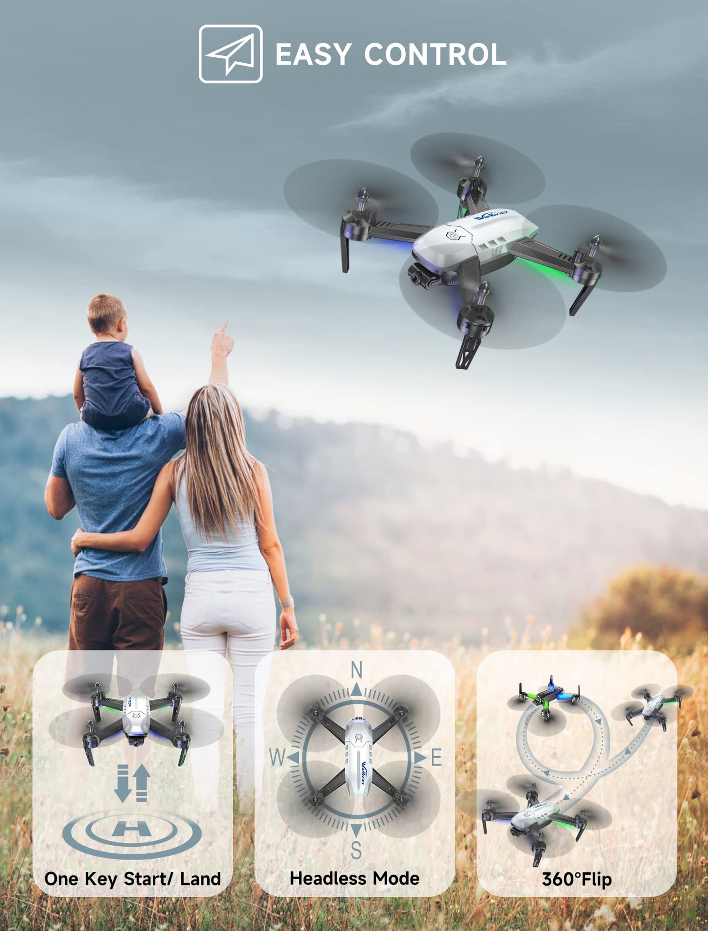 Wipkviey T6 Drone with Camera 1080P for Beginners, WiFi FPV RC Quadcopter for Adults, Gravity Sensor, Flip Mode, One Button Take off/Landing, One Button Return, Headless Mode, 2 Batteries