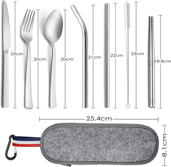 McMola 8 Piece Camping Cutlery Set for 1, Stainless Steel Travel Utensils with Portable Case, Individual Silverware Set Includes Reusable Knife, Fork, Spoon, Straws and Chopsticks