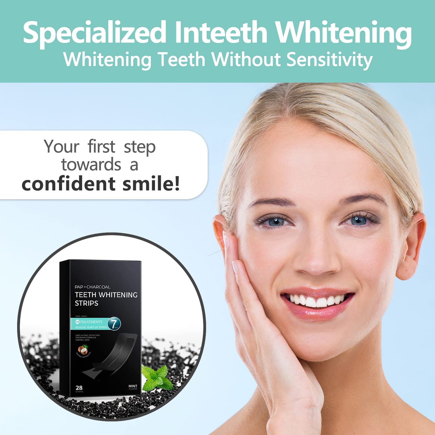 Pap+ Charcoal Teeth Whitening Strips Professional Teeth Whitening Kit for Teeth Sensitive or Coffee Drinker, 28 Tooth Whitener Strips Easy to Use 14 Treatments by ECTEST