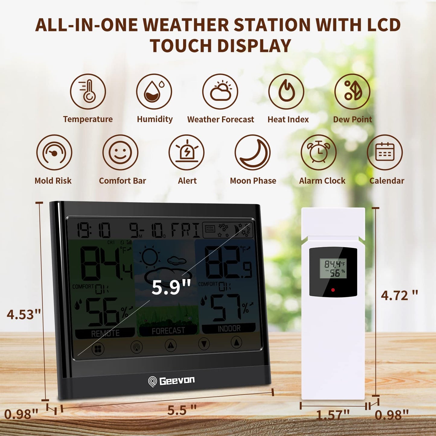 Geevon Wireless Weather Station with Outdoor Sensor, Digital Thermometer Hygrometer, LCD Touchscreen, Weather Forecast, Comfort Level, Temperature Alert, Heat Index, Dew Point, Mold Risk