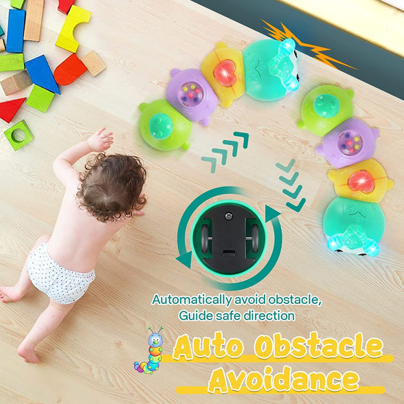 AM ANNA Baby Toys 0-6 Months, Crawling Caterpillar Tummy Time Toy with Magnetic Suction Music Light up, Sensory Learning Infant Toy for 6-12 Month Newborn Toddler 1 Year Old Girl Boy Baby Gifts