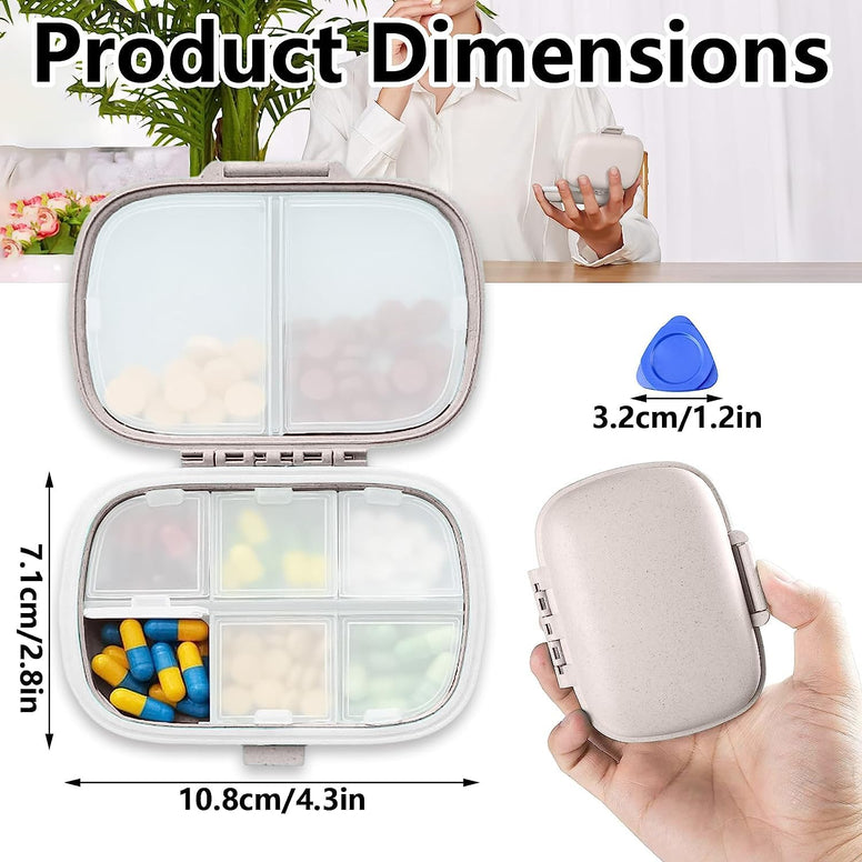 Travel Pill Container, Portable Small Cute Pill Case, 8 Compartment Small Pill Box Daily Pill Organizer for Vitamin, Supplements Storage, White