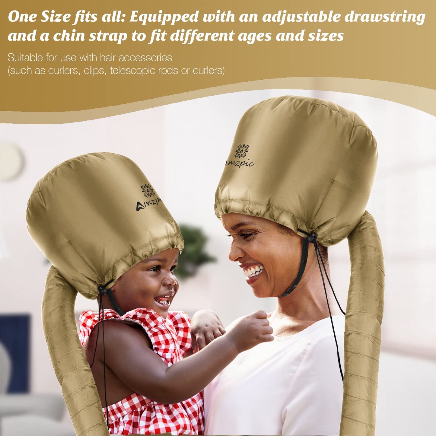 Bonnet Hood Hair Dryer Attachment - Soft, Adjustable Extra Large Bonnet Hair Dryer for Speeds Up Drying Time at Home, Easy to Use for Styling, Curling and Deep Conditioning (Gold)