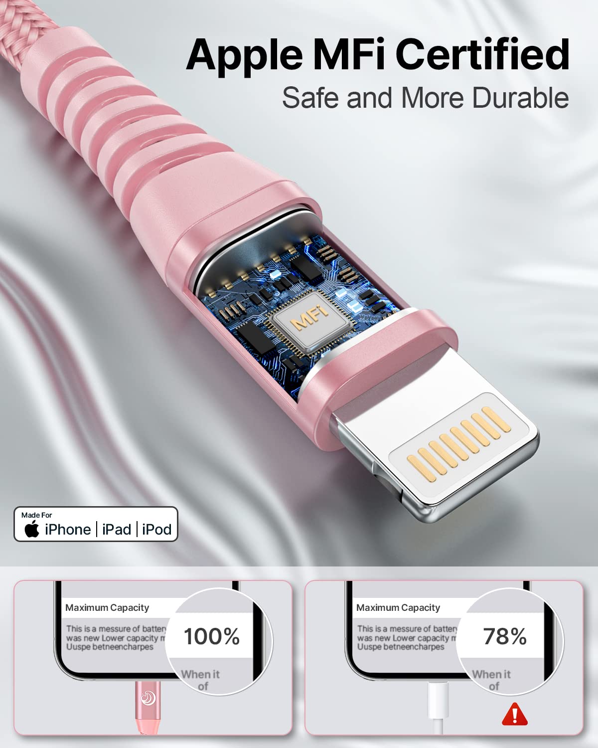 iPhone Charger Cable 2M 2Pack Fast Charger Lightning Cable MFi Certified iPhone Charging Cable Nylon Braided iPhone Cable Compatible with Phone 14 13 12 11 Pro Xr Xs Max 10 8 7Plus 6 SE -Pink