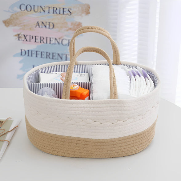 Beauenty Baby Diaper Caddy Organizer,Cotton Rope Diaper Storage Basket with Adjustable Divider,Portable Car Travel Diapers Organizer for Newborn Boys Girls,Large Capacity Baby Baskets for Storage