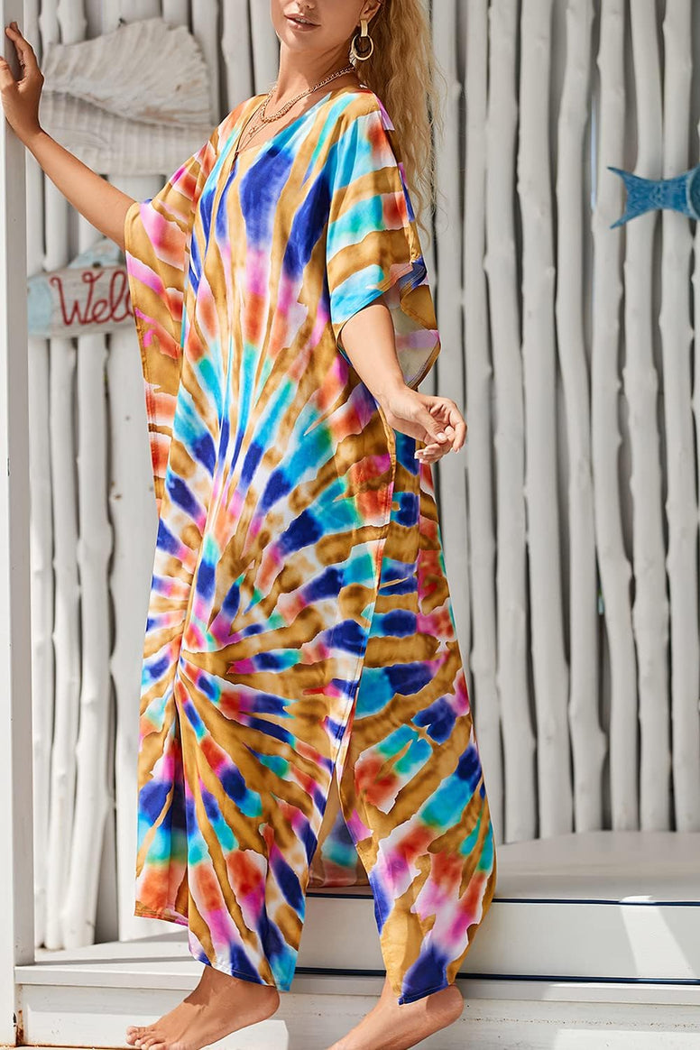 YouKD Maxi Dress V-Neck Kaftan Boho Robes Beach Cover-ups Dress Roomy Gowns for Women