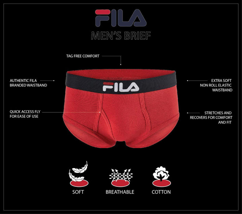 Fila Men's Regular Rise Brief Fly Front with Pouch, 4-Pack of Tagless Underwear Small