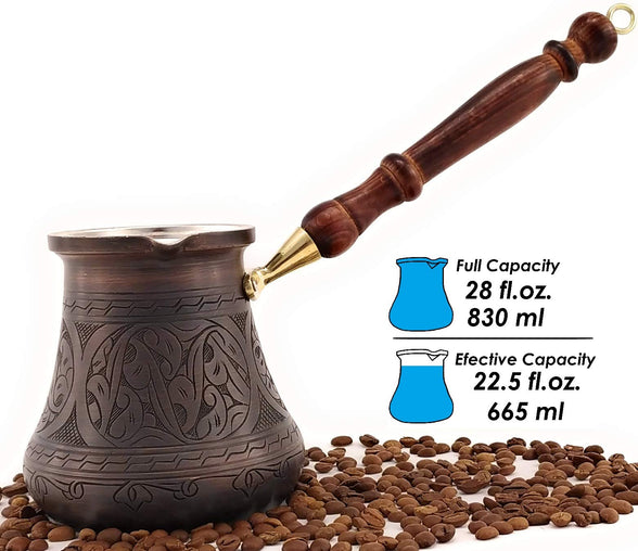 PCA Series (XXLarge-28fl.oz) - Thickest Solid Engraved Antique Copper Turkish Greek Arabic Coffee Pot Heavy Duty with Wooden Handle Stovetop Coffee Maker Jazzve Cezve Ibrik Briki