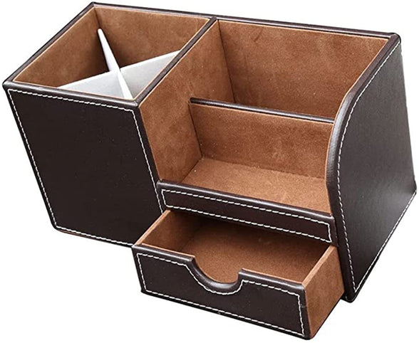 ELECDON Leather Desk Organizer Pen Pencil Holder, Stationery Storage Box, Multi-Function Office Desk Organizer, with Small Drawer for Pen, Phone, Pencil, Remote Control (Brown)
