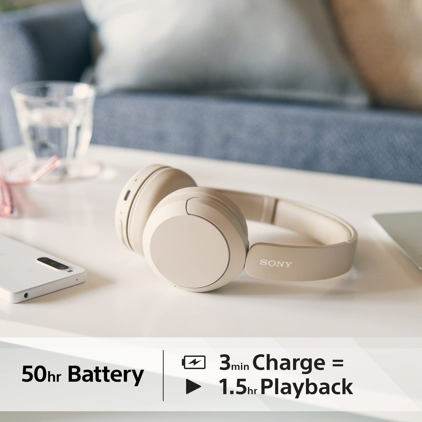 Sony WH-CH520 Wireless Bluetooth Headphones - up to 50 Hours Battery Life with Quick Charge, On-ear style - Beige