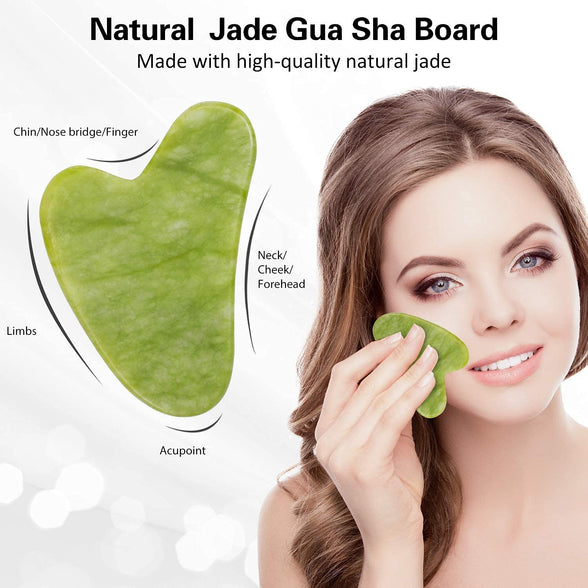 Jade Roller & Gua Sha Set Face Roller and Gua Sha Facial Body Eyes Neck Massager Tools for Skin Care Routine and Puffiness Reduce Wrinkles Aging, Zinc alloy silent roller (GREEN)