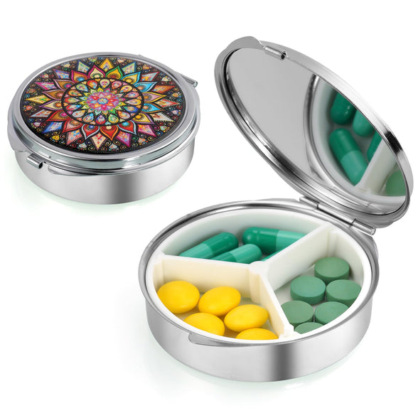 ACWOO Pill Box, Decorative Metal Pill Box with 3 Compartments, Portable Travel Pill Box, Daily Pocket, Weekly Pill Box, For Medicines and Vitamins