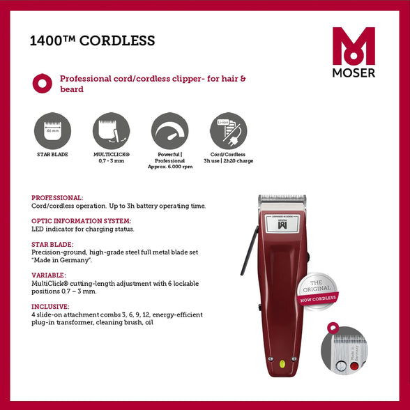 Moser 1400 Professional Cordless Hair Clipper for Men: Robust Design, 5-Point Multiclick, and Bulletproof Long-Life Motor (Burgundy Set) (1400-0378)