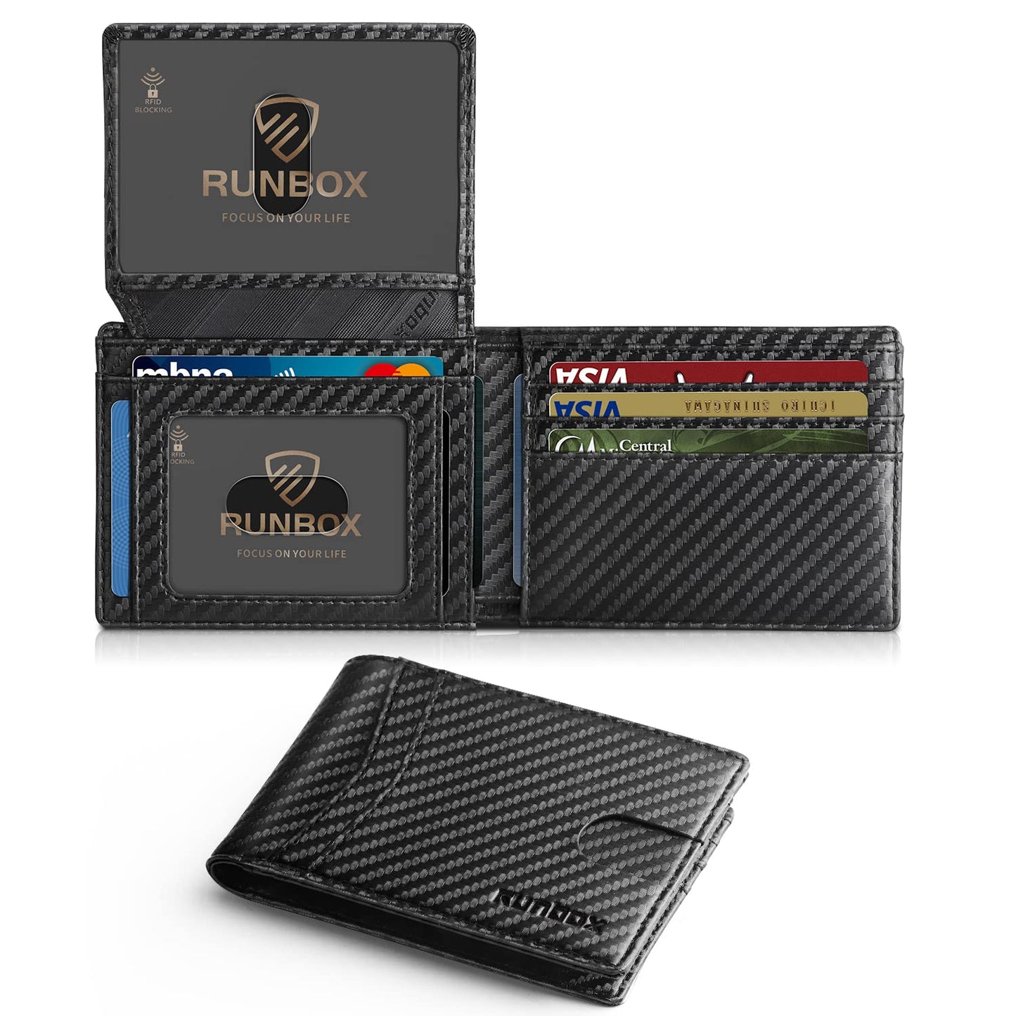 RUNBOX Men's Wallets Slim Rfid Leather 2 ID Window With Gift Box Men's Accessories, Carbon Black-new, medium, 15 Slots