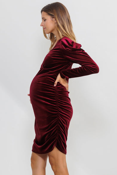 LaClef Womens V Neck Puff Sleeve Velvet Maternity Dress