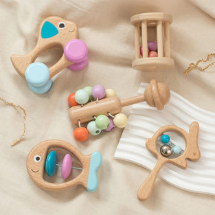 AM ANNA Wooden Rattle for Baby 0-6 months ,5 Pcs Wooden Baby Rattle Toy with Bells,Rolling Rattles,Montessori Wood Baby Dog for Newborns Infant Boys and Girls Gifts