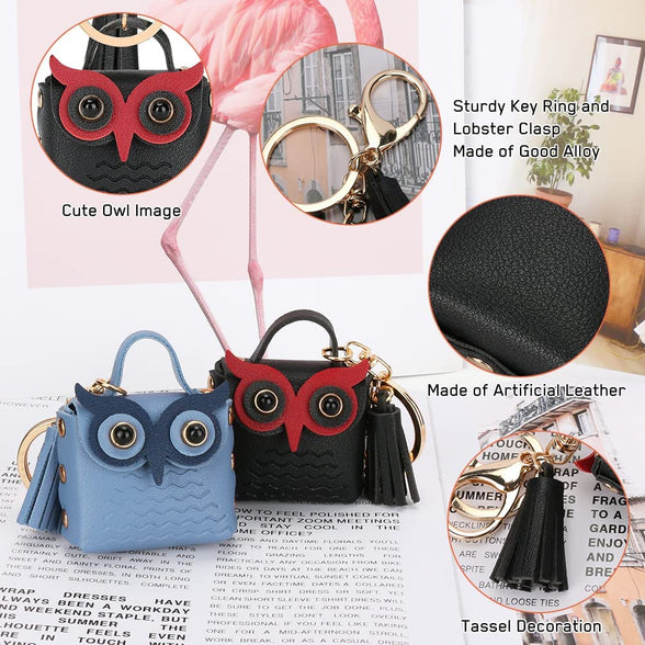 Owl Cute Keychain Leather Keychain with Lobster Clasp Keyring Tassel Coin Purse Keychain for Women Men kids Purse Bandbag Backpack Wallet Decor Gift 2Pcs(Black + Blue)