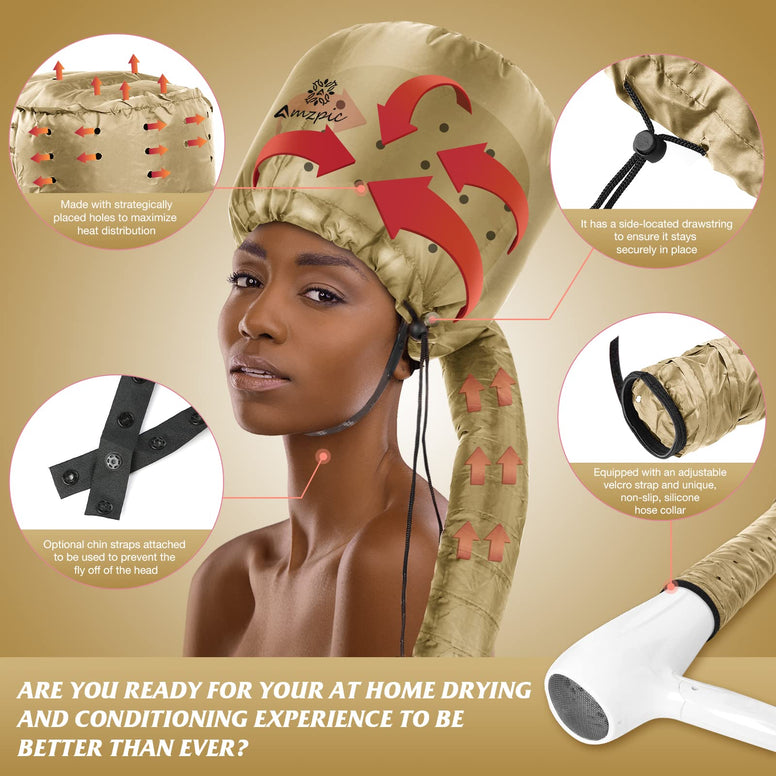 Bonnet Hood Hair Dryer Attachment - Soft, Adjustable Extra Large Bonnet Hair Dryer for Speeds Up Drying Time at Home, Easy to Use for Styling, Curling and Deep Conditioning (Gold)