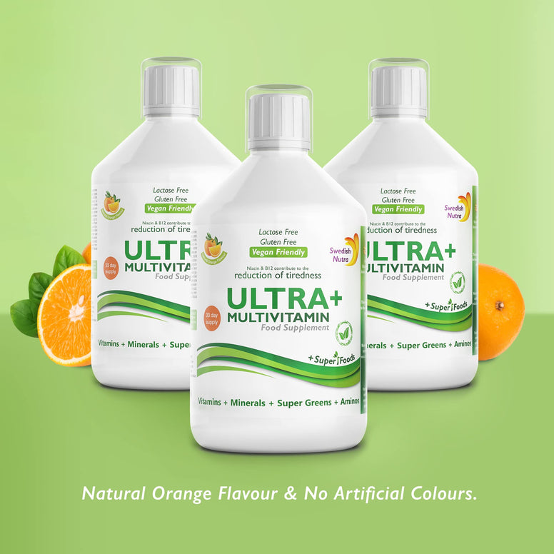 Swedish Nutra Vegan Multivitamin Liquid - Pack of 500ml, 33 Day Supply| Orange Flavour with 51 Active Ingredients| 100% Natural Flavour| High Absorption Rate| Vitamins, Minerals, Aminos & Super Greens