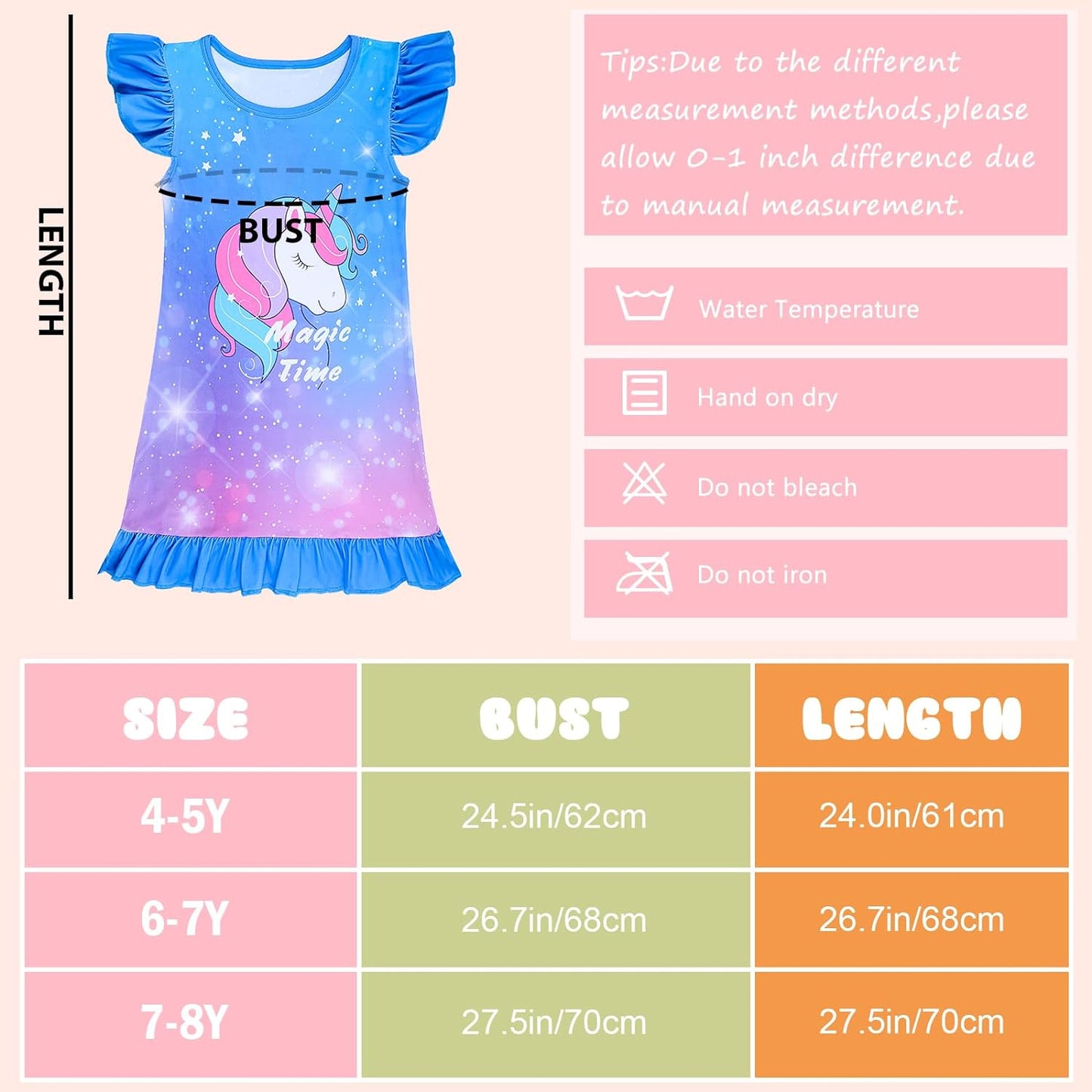 Fiodrimy Girls Nightgowns Unicorn Sleepwear Night Sleep Dress Pajamas Little Kids Toddler Soft Nightgown