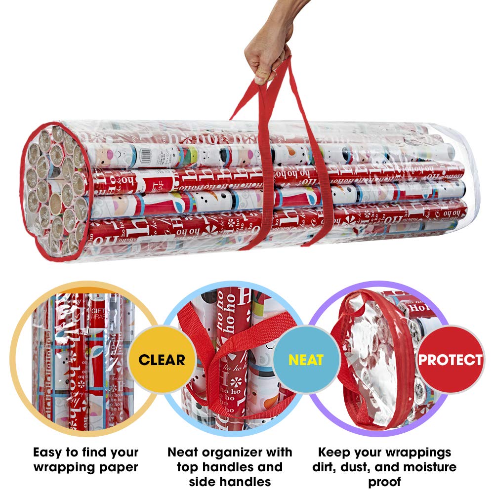 ProPik Christmas Gift Wrap Storage Bag, Clear Organizer Fits Up to 24 Rolls 40 Inch, Heavy Duty PVC Bag with Handles and Zippered Top for Wrapping Paper and Ribbons (Red trimming)
