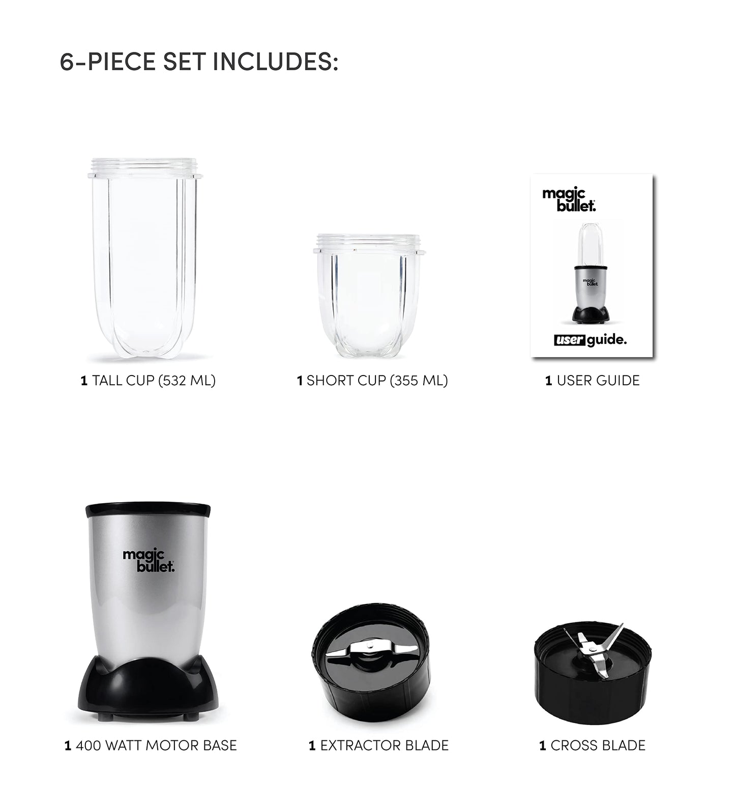 Magic Bullet Magic Bullet, 4 Piece Accessories, Multi-Function High-Speed Blender, Silver, MB1002