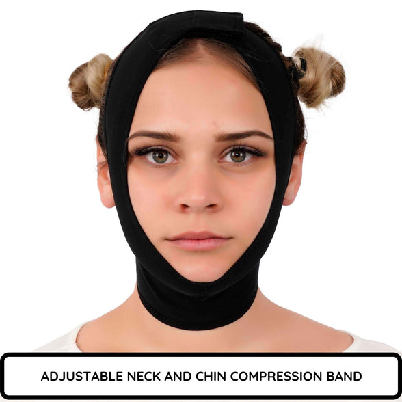 Post Surgery Neck and Chin Compression Garment Wrap Bandage for Women, Face Slimmer, Jowl Tightening, Neck Coverage, Chin Lifting Strap (Black, S)