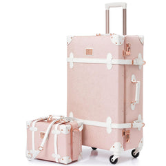 urecity Vintage Luggage Set for Women, 2 Piece Retro Suitcase with Spinner Wheels and Carry on Briefcase, Cute Designer Trunk Luggage, Elegant Pink, 20"+12"