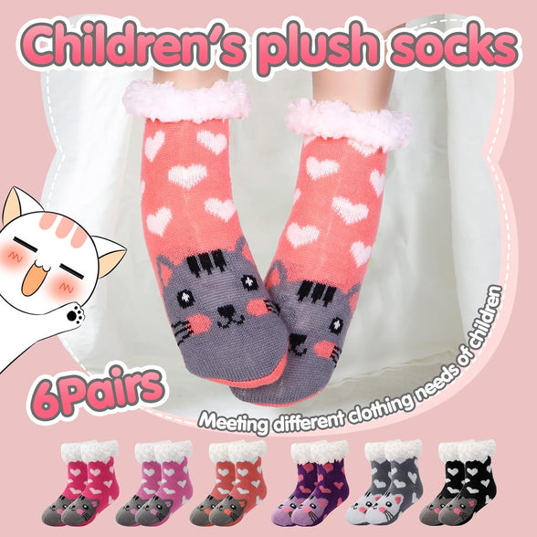 Suhine 6 Pairs Fuzzy Slipper Socks for Kids Warm Soft Boys Girls Fluffy Socks with Non Slip Grippers Animal Kids Fuzzy Socks Cute Winter Socks for Boys Girls