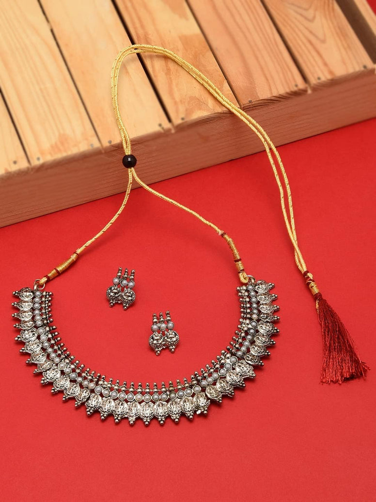 ZAVERI PEARLS Silver Antique Choker Necklace For Women (Silver) (Zpfk6299)