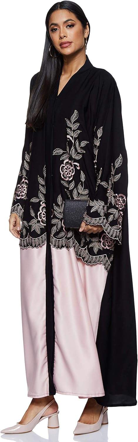 Nukhbaa Womens Black Abaya With Pink Embroidery Detail.Abaya Comes With Matching Hijab COMP5056 Abaya (pack of 5)