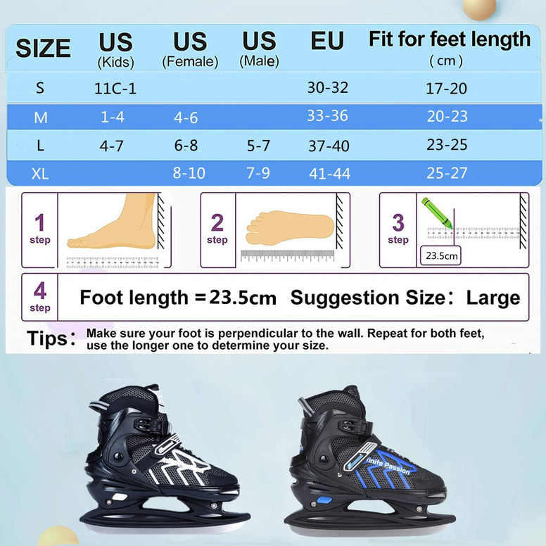 DUWIN Ice Skates，Hockey Skates,Skates with Adjustable 4 Sizes for Boys Girls Youth Men Women and Beginners