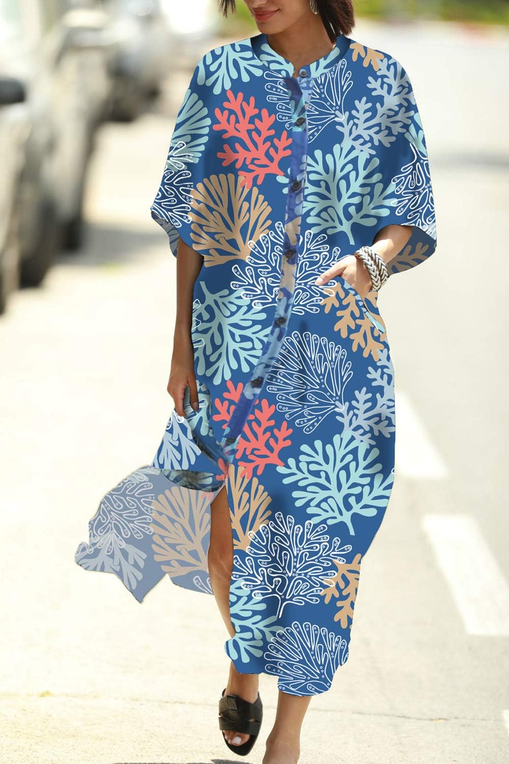 YouKD Summer Floral Loose Caftan Boho Beach Bikini Cover Up Dress Plus Size Robe for Women