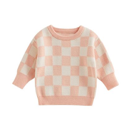 Kuriozud Toddler Baby Boy Girl Sweater Checkerboard Knit Crewneck Sweatshirt Soft Warm Fall Winter Clothes 6-12 M