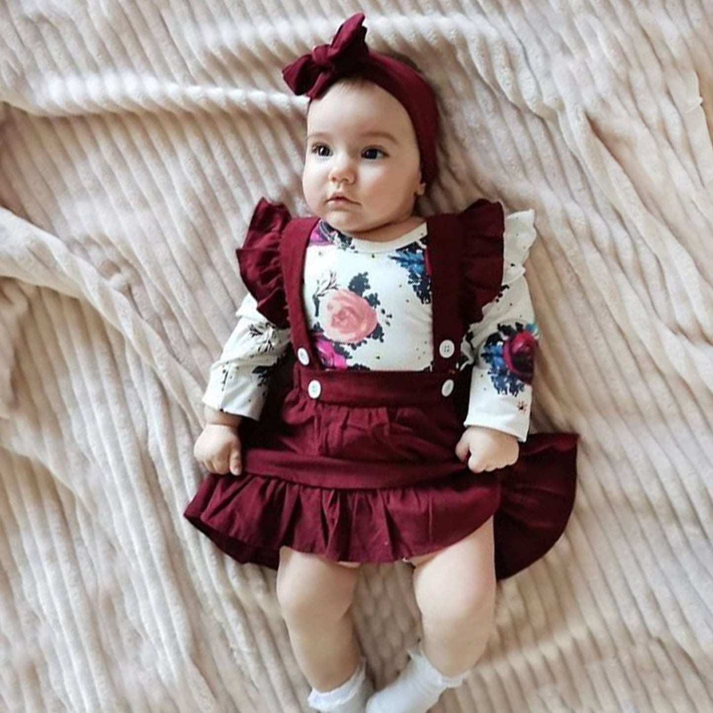 PATPAT Newborn Infant Baby Girl Clothes Outfit Long Sleeve Romper Top Overall Dress Suspender Skirt Set, for 0-3 Months