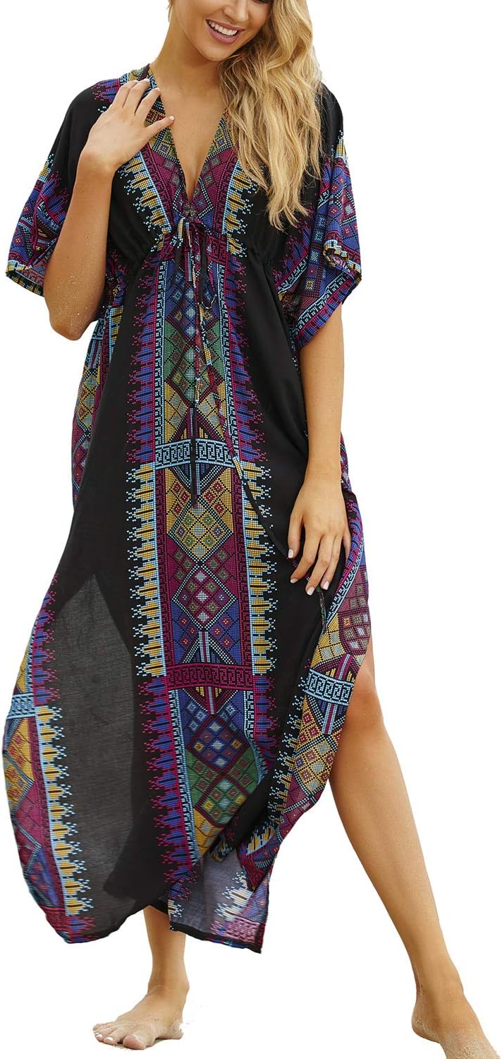 YouKD Summer Floral Loose Caftan Boho Beach Bikini Cover Up Dress Plus Size Robe for Women