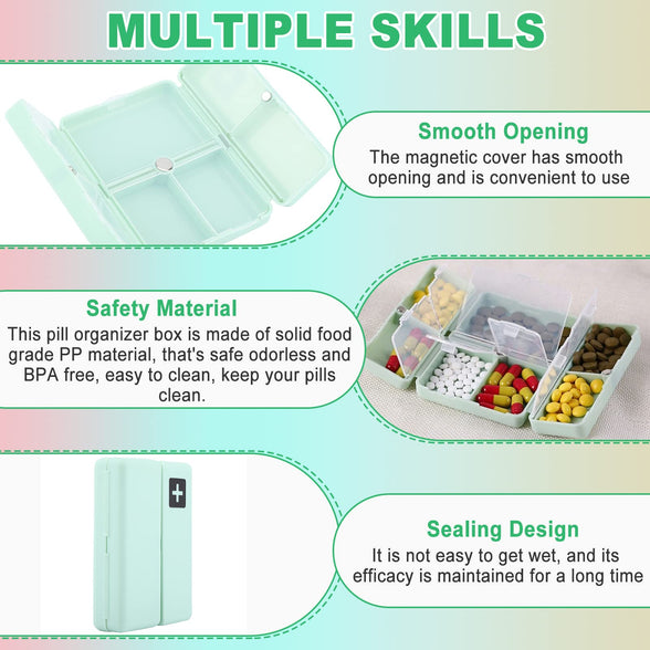 Foldable Magnetic Pill Box, Daily Pill Organizer, Portable Medicine Case, Foldable Magnetic Organizer with 7 Compartments for Dose Pills and Vitamins (Green)