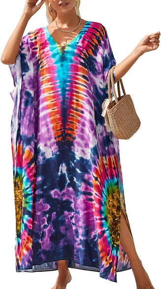 YouKD Maxi Dress V-Neck Kaftan Boho Robes Beach Cover-ups Dress Roomy Gowns for Women