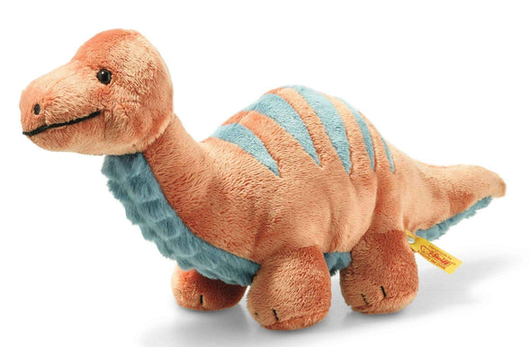 Steiff 087837 Original Bronko Brontosaurus Soft Cuddly Friends Cuddly Toy Approx. 28 cm, Branded Plush with Button in Ear, Cuddly Friend for Babies from Birth, Dark Orange and Petrol