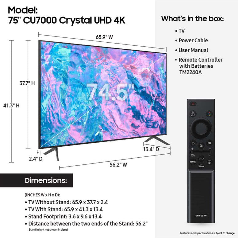Samsung Smart TV, Crystal UHD, CU7000, 75 Inch, Black, 2023, Crystal Processor 4K, Smart Hub, Object Tracking Sound Lite, UA75CU7000UXZN International Version