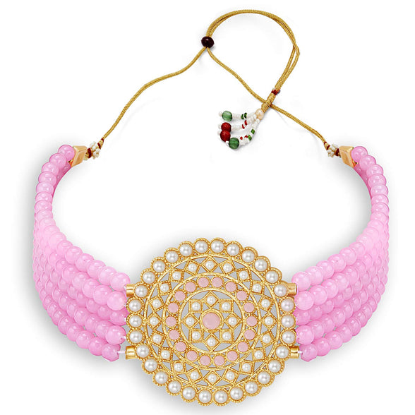 Sukkhi Classic Gold Plated Pastel Pink & White Pearl Choker Necklace Set for Women (SKR70451), free size