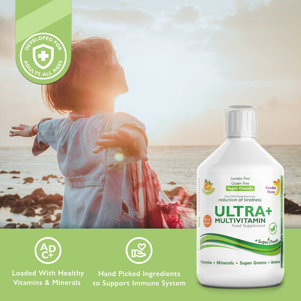 Swedish Nutra Vegan Multivitamin Liquid - Pack of 500ml, 33 Day Supply| Orange Flavour with 51 Active Ingredients| 100% Natural Flavour| High Absorption Rate| Vitamins, Minerals, Aminos & Super Greens