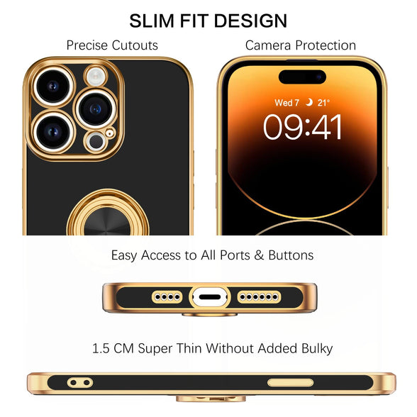 BENTOBEN iPhone 14 Pro Max Case, Slim Lightweight 360° Ring Holder Kickstand Support Car Mount Shockproof Women Men Non-Slip Protective Case for iPhone 14 Pro Max 6.7", Black/Gold