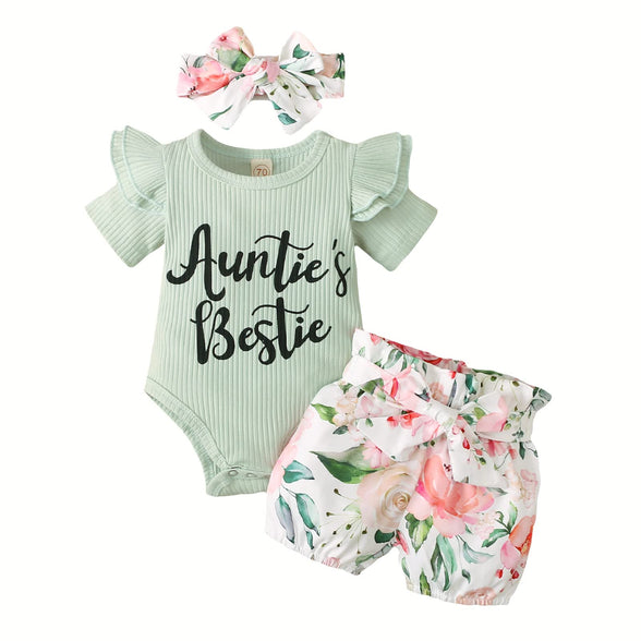 Auntie Baby Clothes Girl Newborn Baby Girl Outfits Short Sets, Sleeve Ribbed Romper Floral Shorts Clothes (0-3 Months)