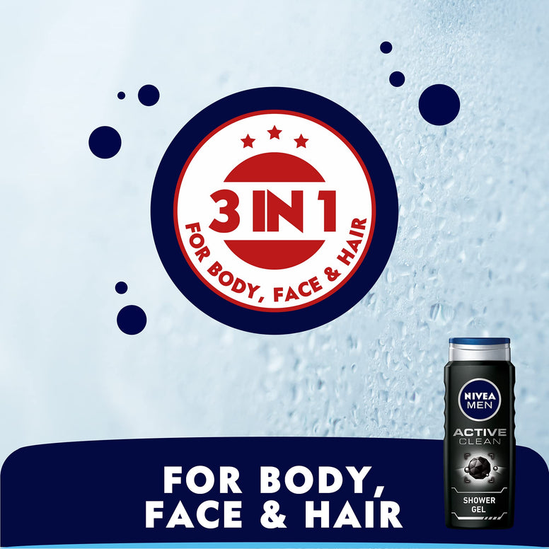 NIVEA MEN 3in1 Shower Gel Body Wash, Active Clean Charcoal Woody Scent, 500ml