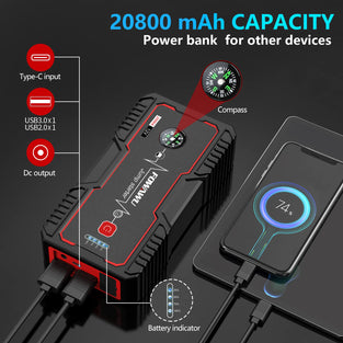 FOWAWU 20800mAh 2000A Car Jump Starter,Water-Resistant Jump Starter Battery Pack(7.5L Gas,6.0L Diesel),Battery Jumper Starter Portable with USB/DC 12V/LED Light