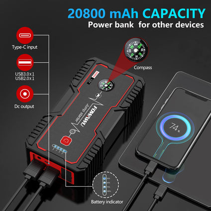 FOWAWU 20800mAh 2000A Car Jump Starter,Water-Resistant Jump Starter Battery Pack(7.5L Gas,6.0L Diesel),Battery Jumper Starter Portable with USB/DC 12V/LED Light