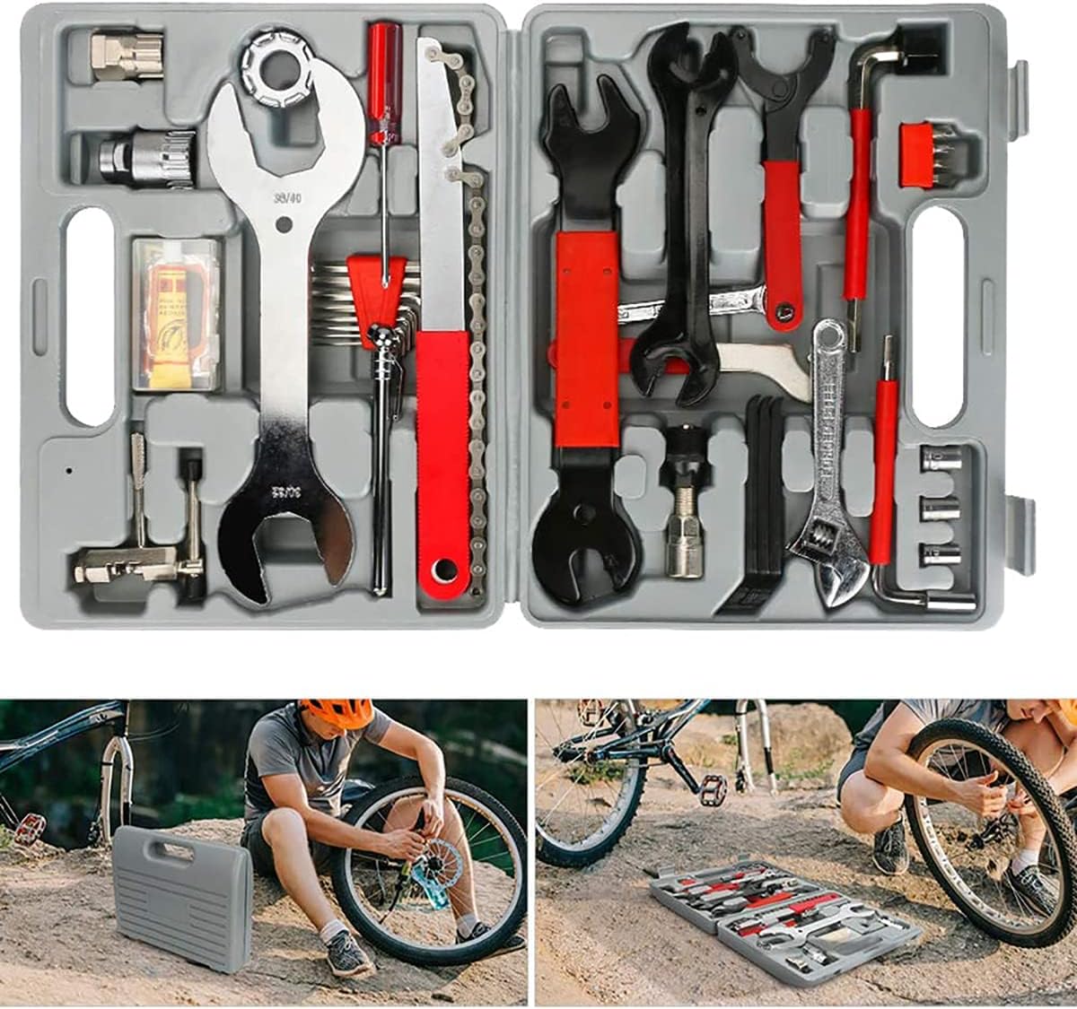 Bike Repair Tool Kit,44 Pcs Bicycle Tools with Carrying Case for Mountain/Road Bicycle Repairs Repair Chain Bike Tire Pedal Wrench Brakes Lights