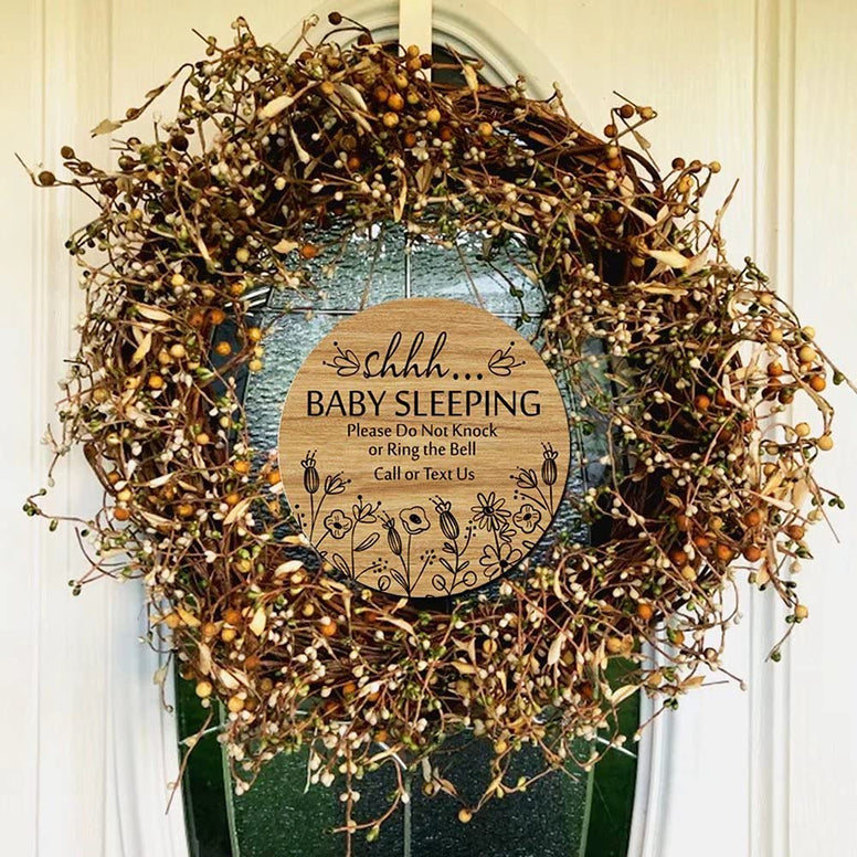 Shhh... Baby Sleeping Hanging Sign Plaque, Do Not Knock Or Ring The Bell, Round Rustic Wooden Door Hanger for Baby Room, Nursery, Kindergarten, Bedroom, Door Knob Door Bell Decor