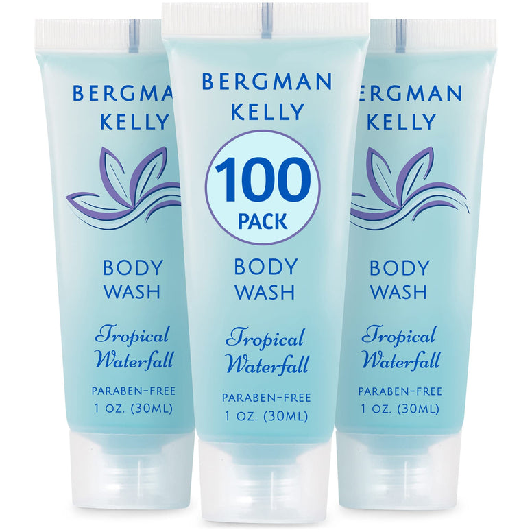 BERGMAN KELLY Travel Size Body Wash (1 fl oz, 100 PK, Tropical Waterfall), Delight Your Guests with an Invigorating and Refreshing Hotel Body Wash, Mini and Small Size Guest Hotel Toiletries in Bulk